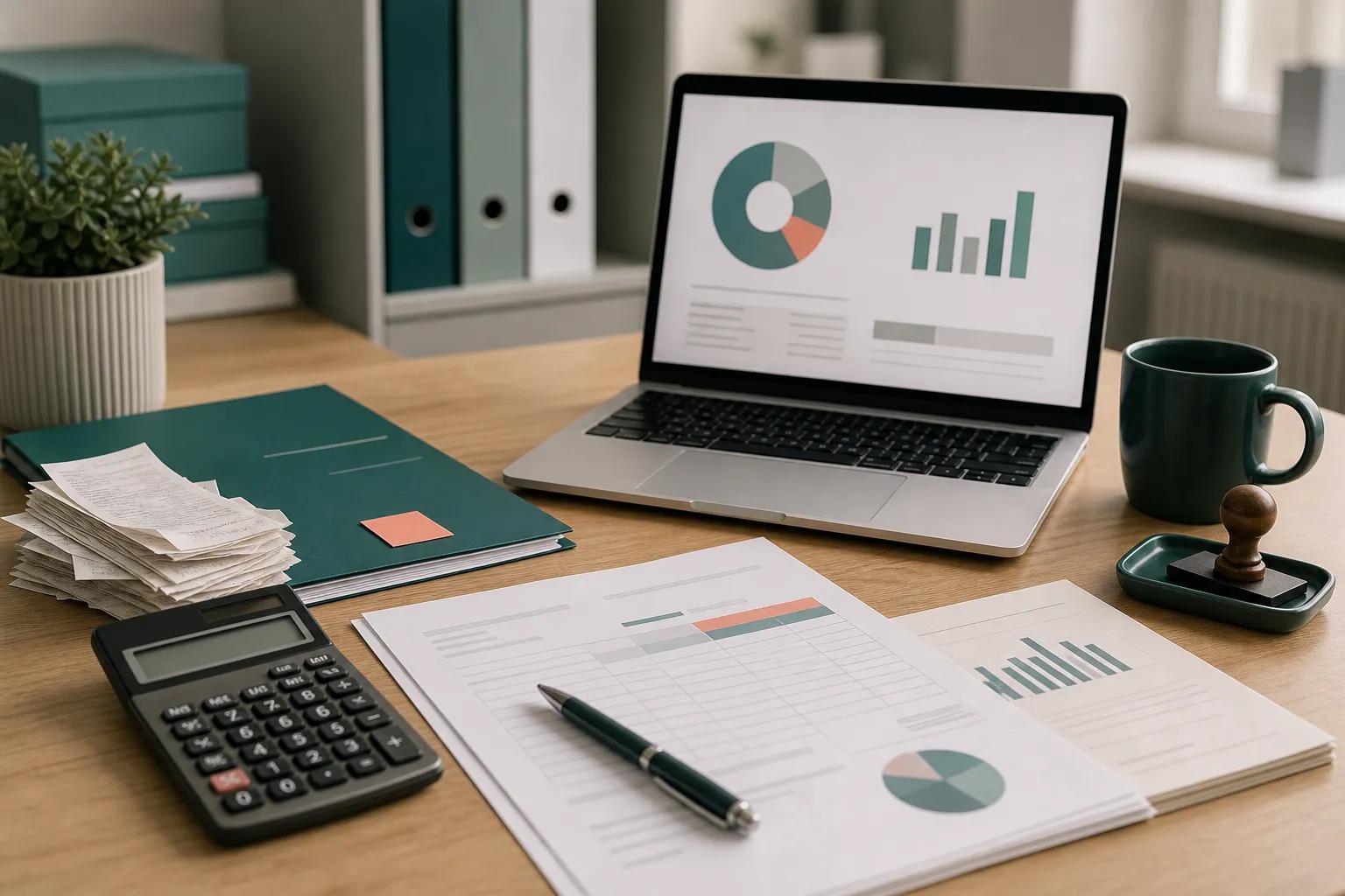 Tax and VAT planning workspace with calculator, charts and documents
