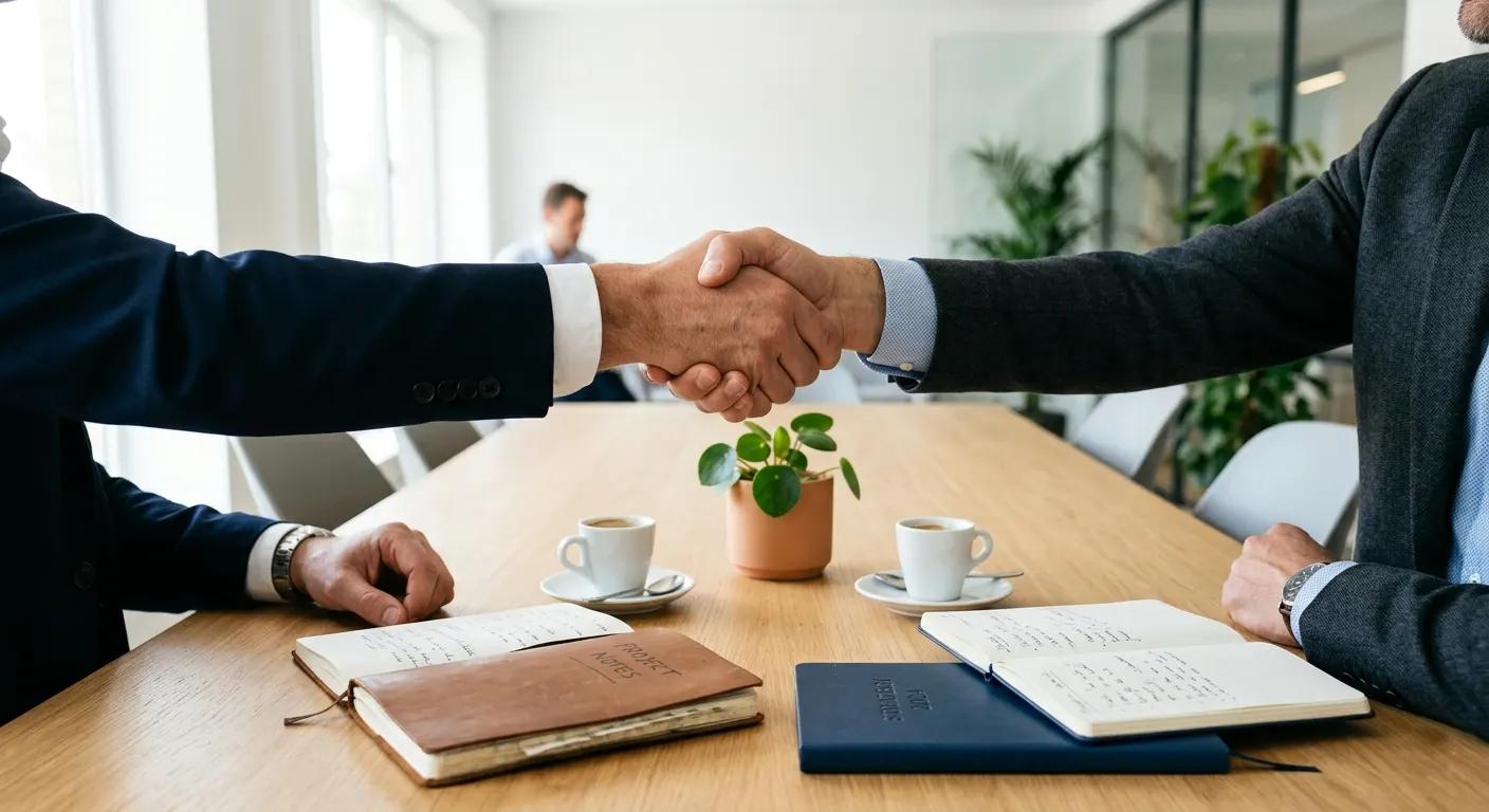Handshake across a meeting table with notebooks, espresso cups and a small plant